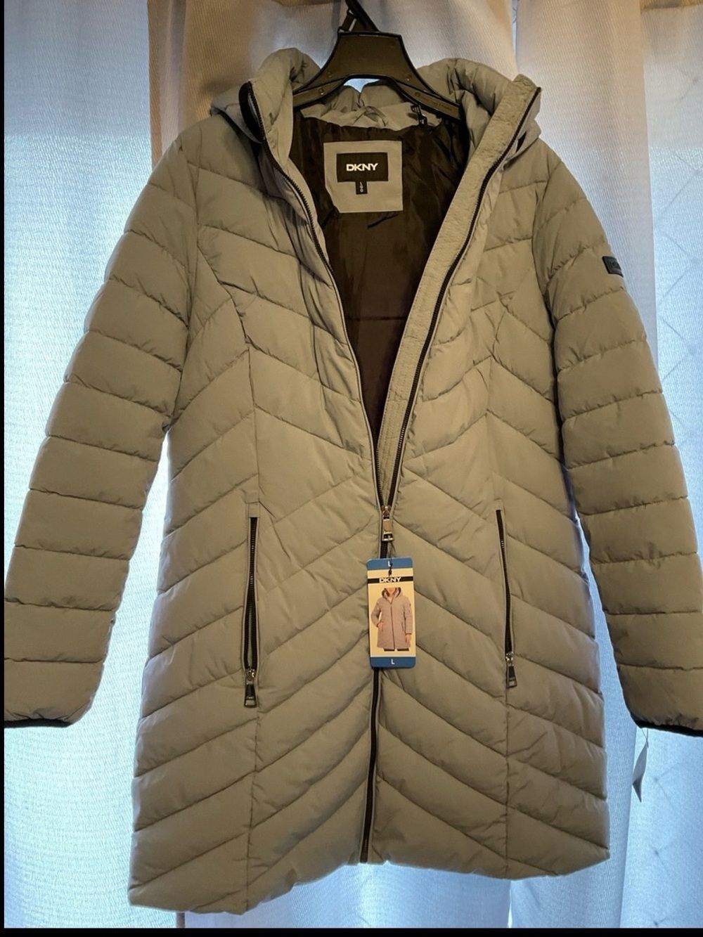 DKNY long Hooded Women's Jacket in Gray
